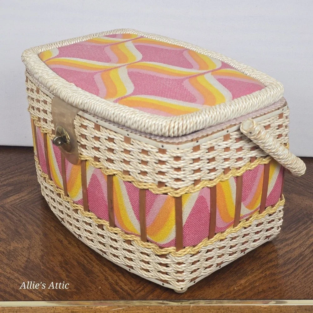 Vintage 70s Sewing Basket Pink Yellow White Mod Notions Box Handle Japan 12
